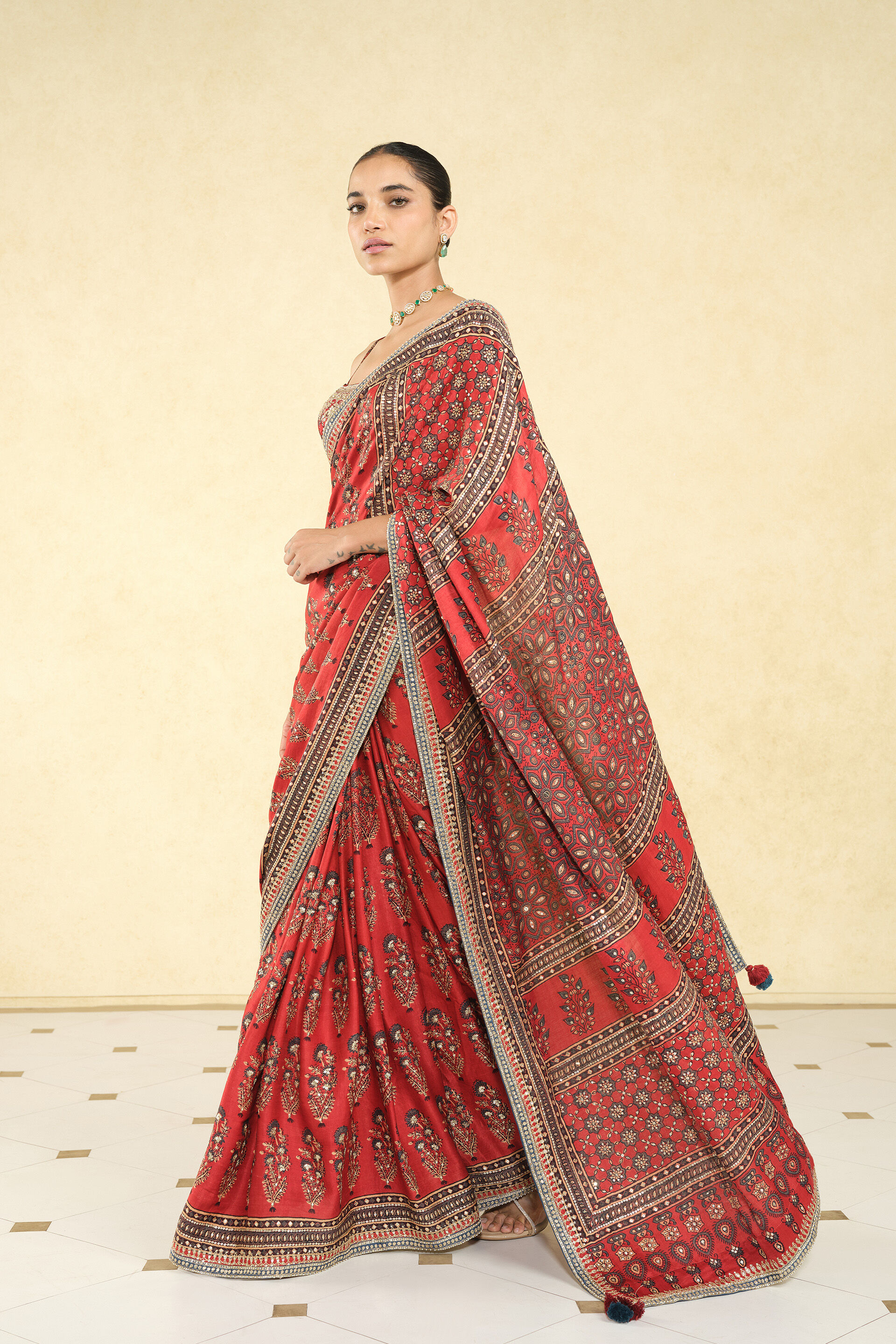 Saaj Ajrakh Hand-block Printed Silk Saree - Red, Red, image 3